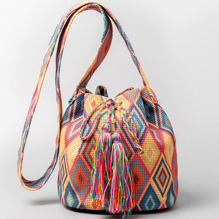 Bolso bandolera de lona con diseño de geometría colorida de flores y piedras de Buda