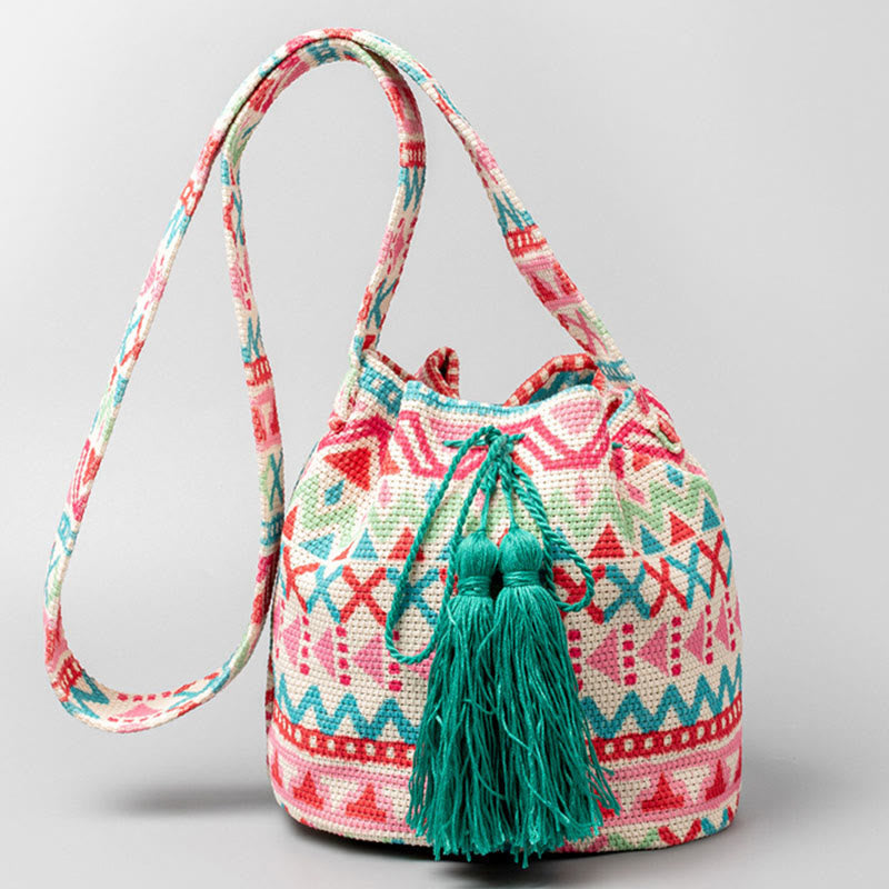 Bolso bandolera de lona con diseño de geometría colorida de flores y piedras de Buda