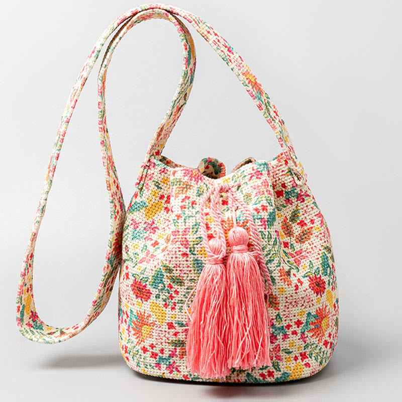 Bolso bandolera de lona con diseño de geometría colorida de flores y piedras de Buda