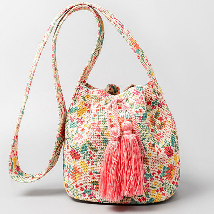 Bolso bandolera de lona con diseño de geometría colorida de flores y piedras de Buda