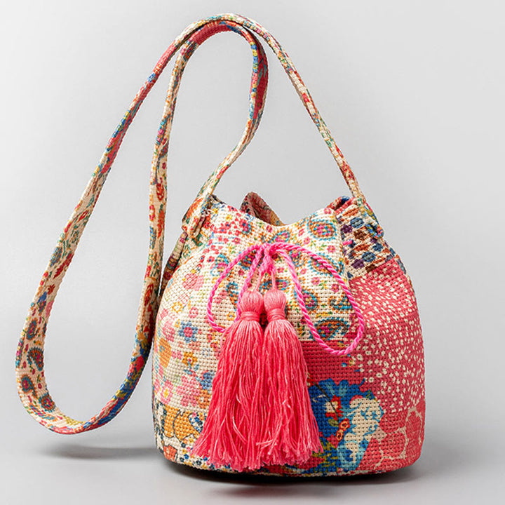 Bolso bandolera de lona con diseño de geometría colorida de flores y piedras de Buda