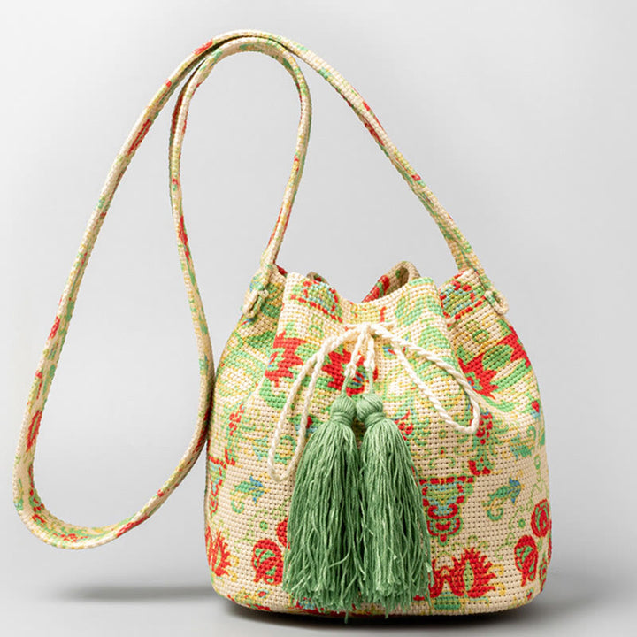 Bolso bandolera de lona con diseño de geometría colorida de flores y piedras de Buda