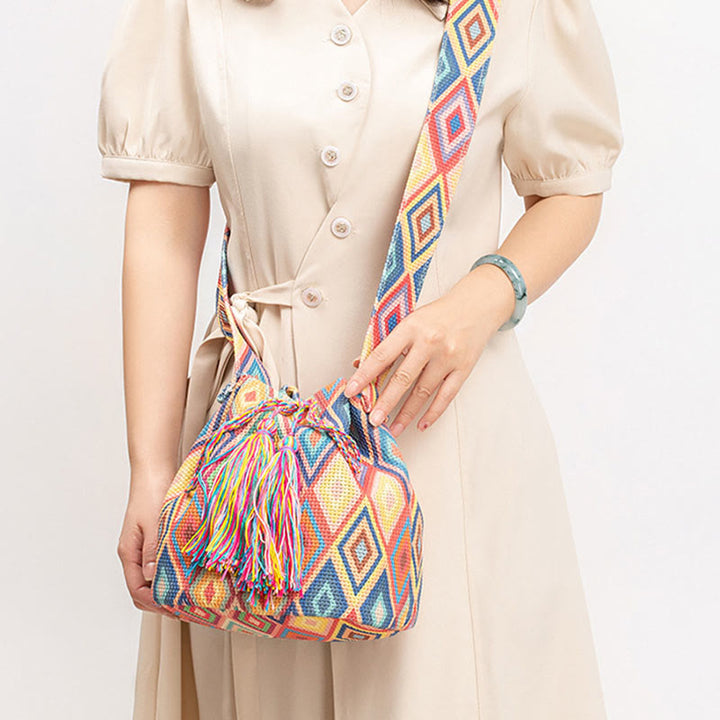 Bolso bandolera de lona con diseño de geometría colorida de flores y piedras de Buda