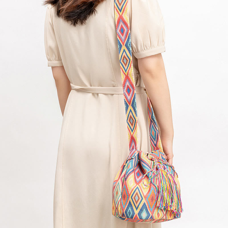 Bolso bandolera de lona con diseño de geometría colorida de flores y piedras de Buda