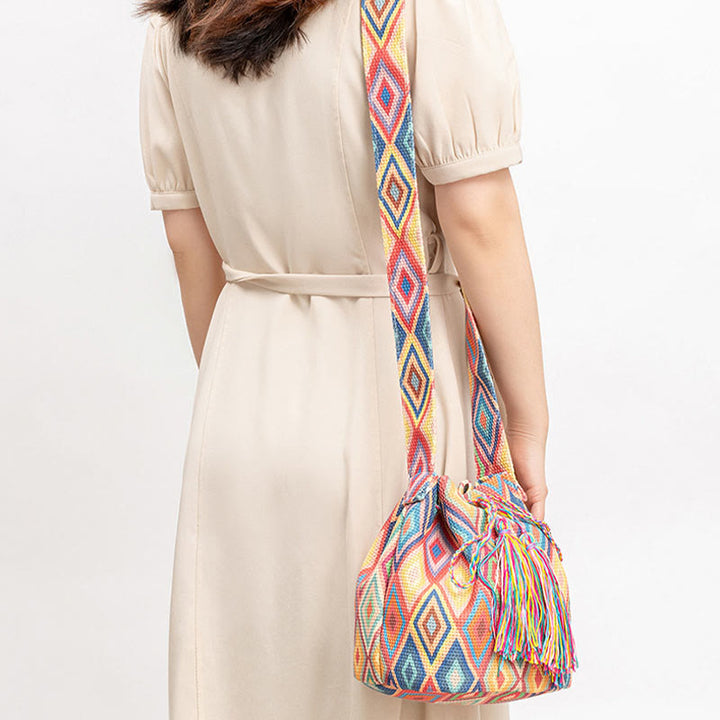 Bolso bandolera de lona con diseño de geometría colorida de flores y piedras de Buda