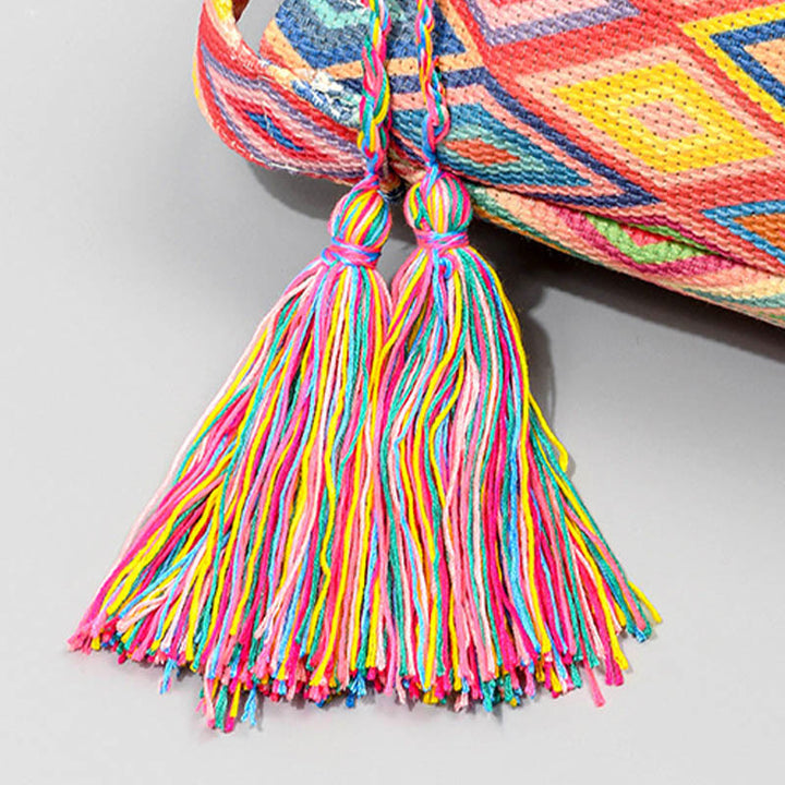 Bolso bandolera de lona con diseño de geometría colorida de flores y piedras de Buda