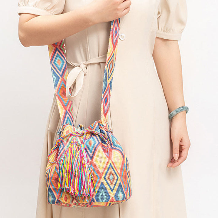 Bolso bandolera de lona con diseño de geometría colorida de flores y piedras de Buda