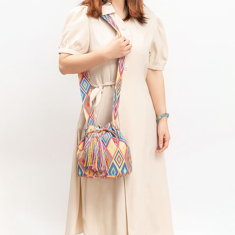 Bolso bandolera de lona con diseño de geometría colorida de flores y piedras de Buda