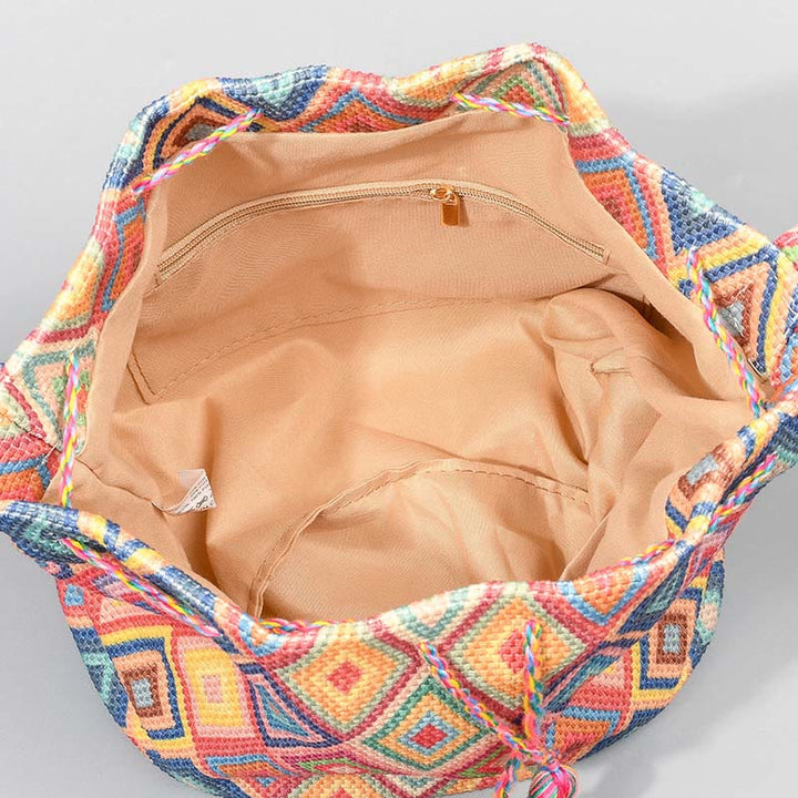Bolso bandolera de lona con diseño de geometría colorida de flores y piedras de Buda