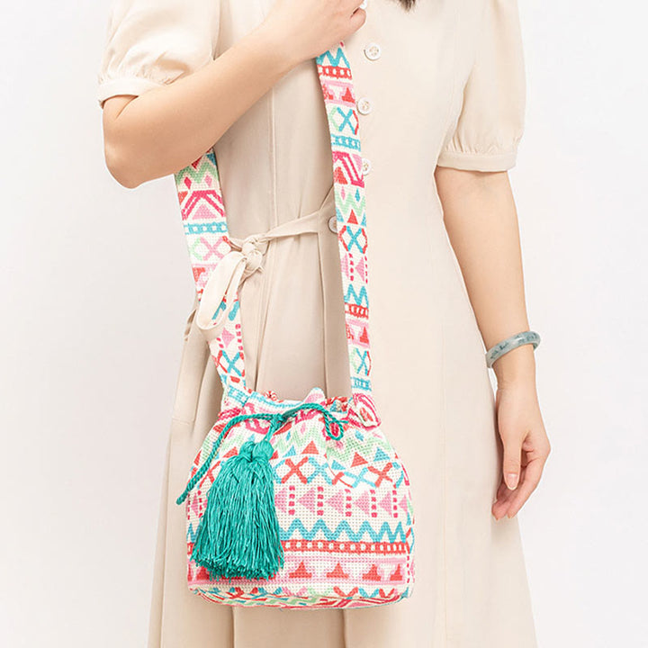 Bolso bandolera de lona con diseño de geometría colorida de flores y piedras de Buda