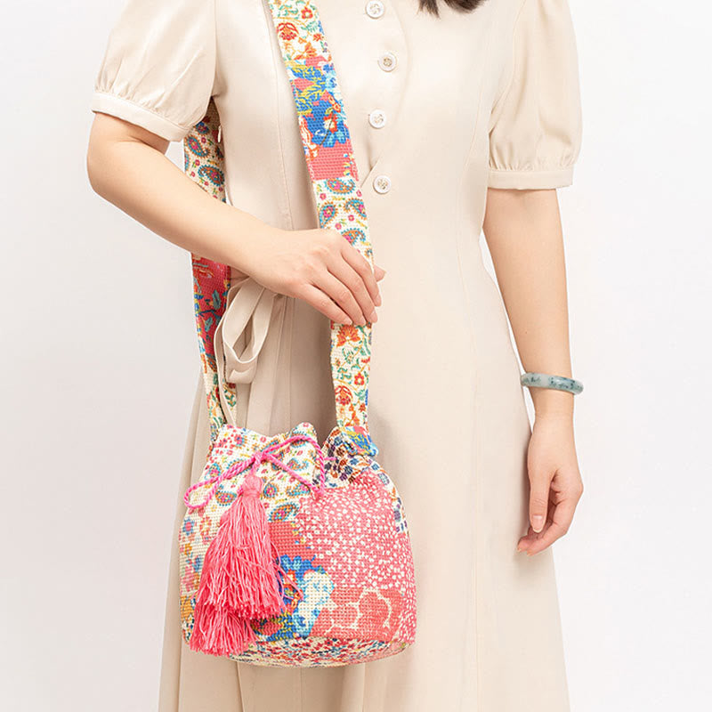 Bolso bandolera de lona con diseño de geometría colorida de flores y piedras de Buda