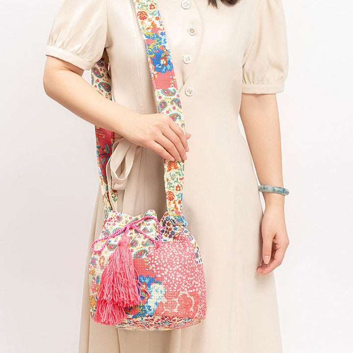 Bolso bandolera de lona con diseño de geometría colorida de flores y piedras de Buda