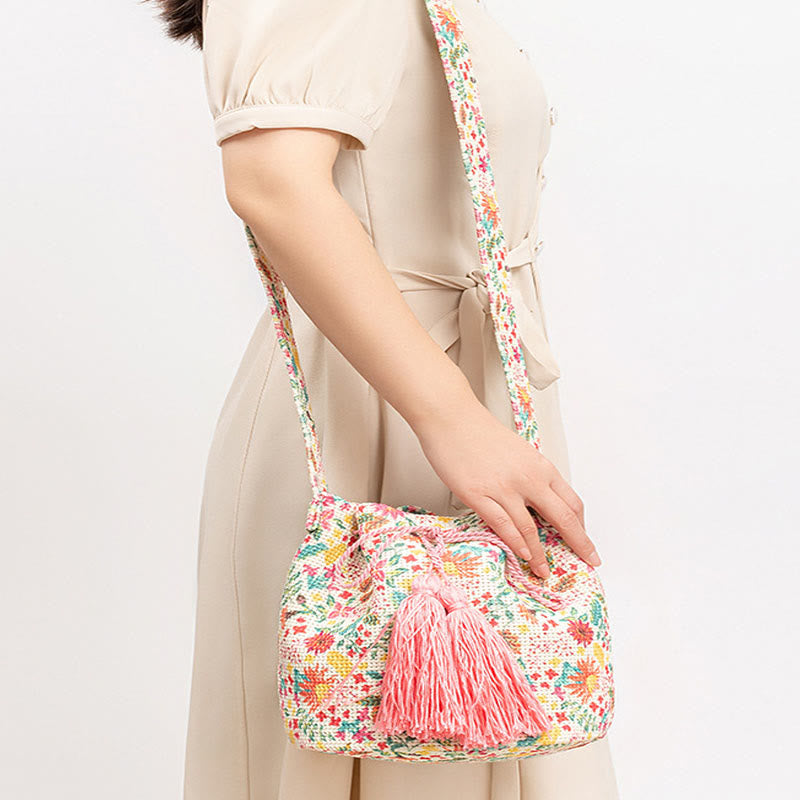 Bolso bandolera de lona con diseño de geometría colorida de flores y piedras de Buda