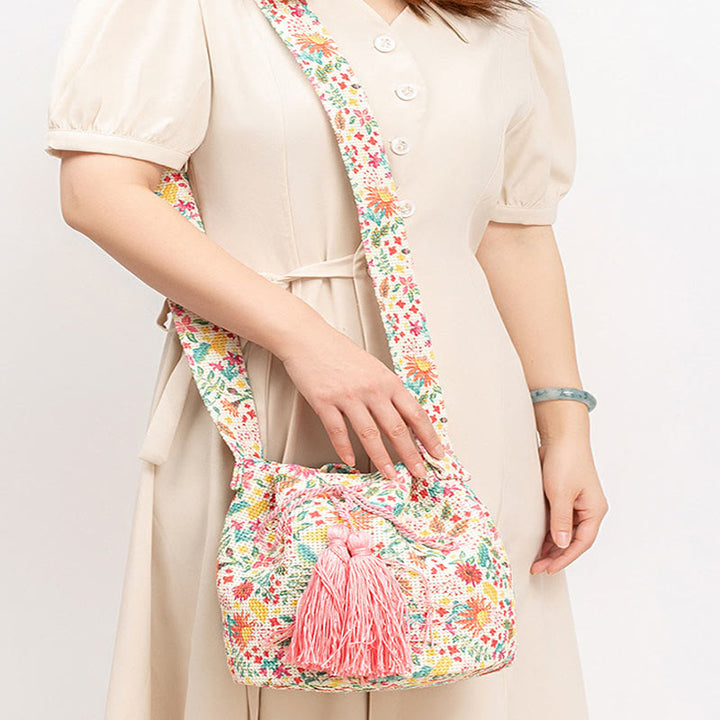 Bolso bandolera de lona con diseño de geometría colorida de flores y piedras de Buda
