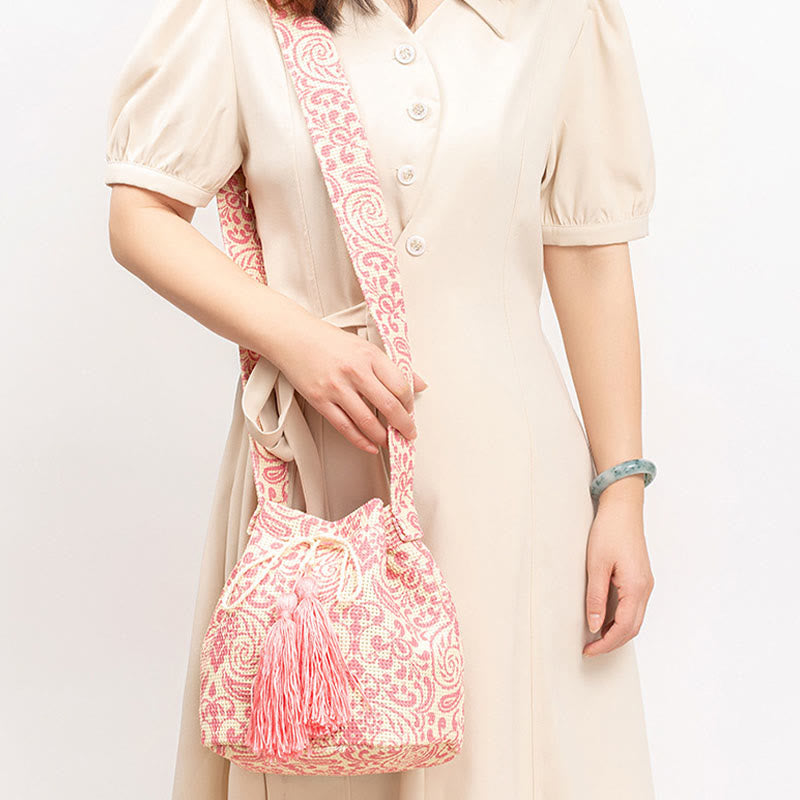 Bolso bandolera de lona con diseño de geometría colorida de flores y piedras de Buda