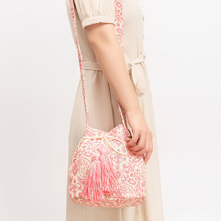 Bolso bandolera de lona con diseño de geometría colorida de flores y piedras de Buda