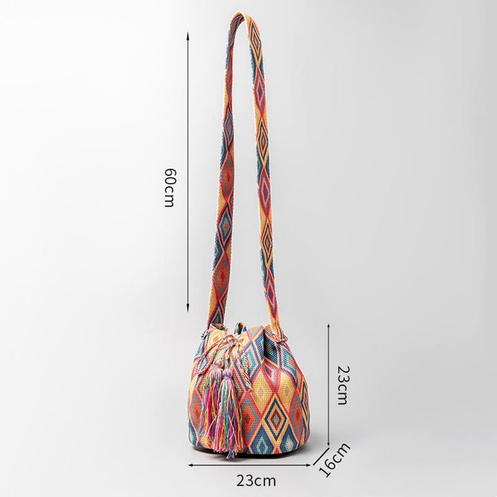 Bolso bandolera de lona con diseño de geometría colorida de flores y piedras de Buda