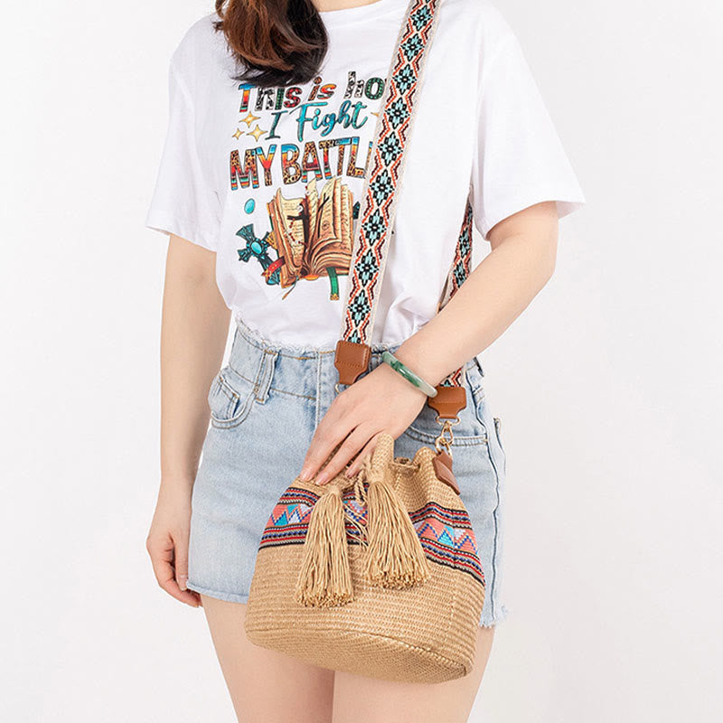 Playa de Piedras de Buda Geometría Paja Tejida Cubo Flecos Bolso Cruzado Bolso de Hombro