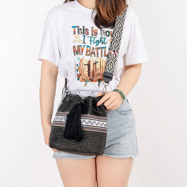 Playa de Piedras de Buda Geometría Paja Tejida Cubo Flecos Bolso Cruzado Bolso de Hombro