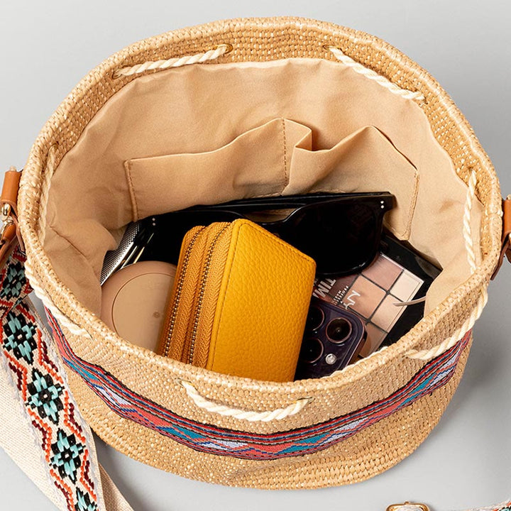 Playa de Piedras de Buda Geometría Paja Tejida Cubo Flecos Bolso Cruzado Bolso de Hombro