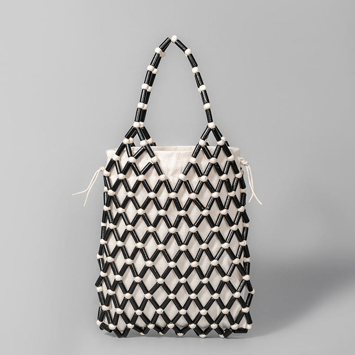 Bolso de mano de cuentas de madera huecas tejidas a mano con mallas de piedra de Buda