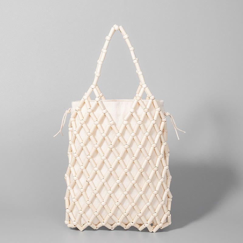Bolso de mano de cuentas de madera huecas tejidas a mano con mallas de piedra de Buda