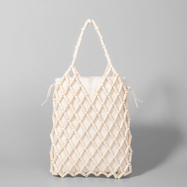 Bolso de mano de cuentas de madera huecas tejidas a mano con mallas de piedra de Buda