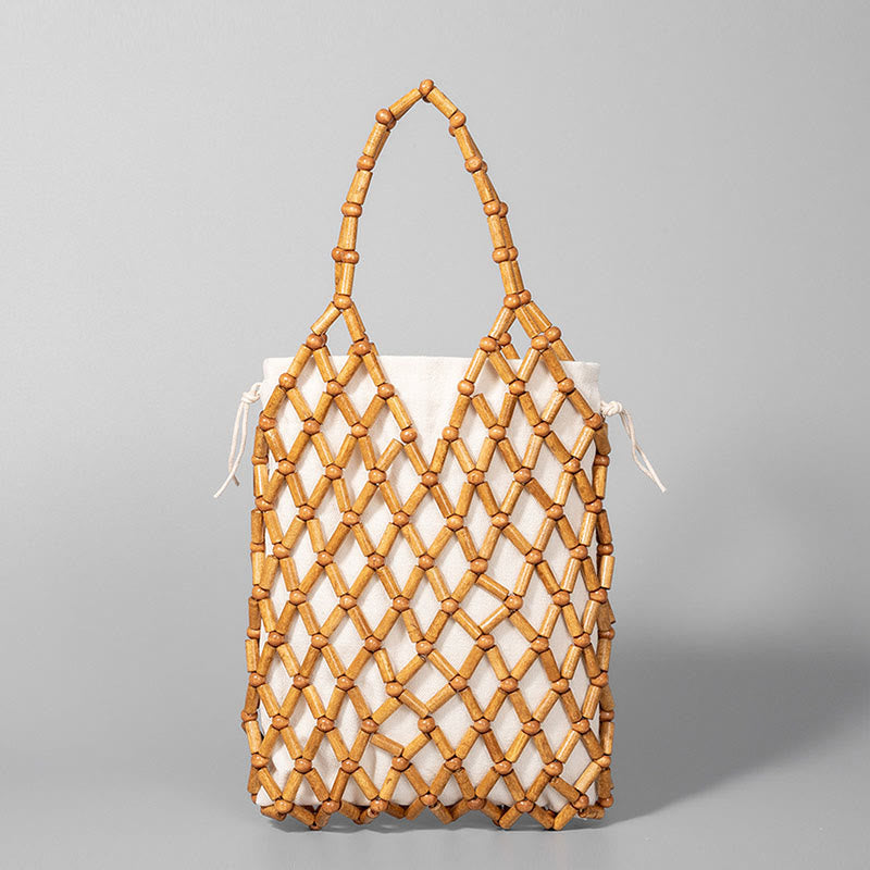 Bolso de mano de cuentas de madera huecas tejidas a mano con mallas de piedra de Buda