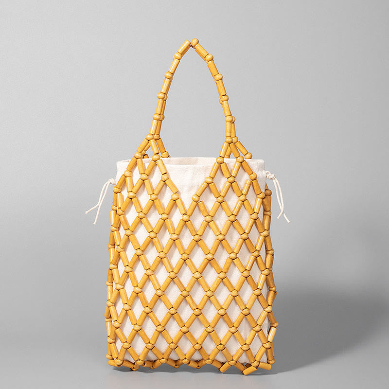 Bolso de mano de cuentas de madera huecas tejidas a mano con mallas de piedra de Buda