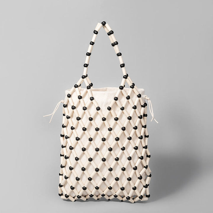 Bolso de mano de cuentas de madera huecas tejidas a mano con mallas de piedra de Buda