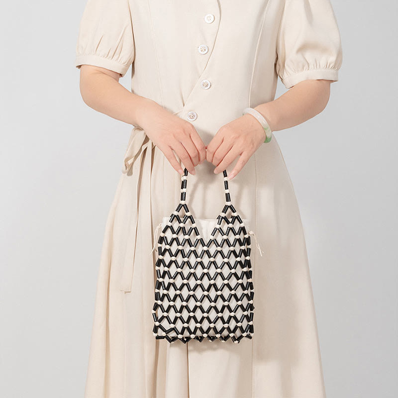 Bolso de mano de cuentas de madera huecas tejidas a mano con mallas de piedra de Buda