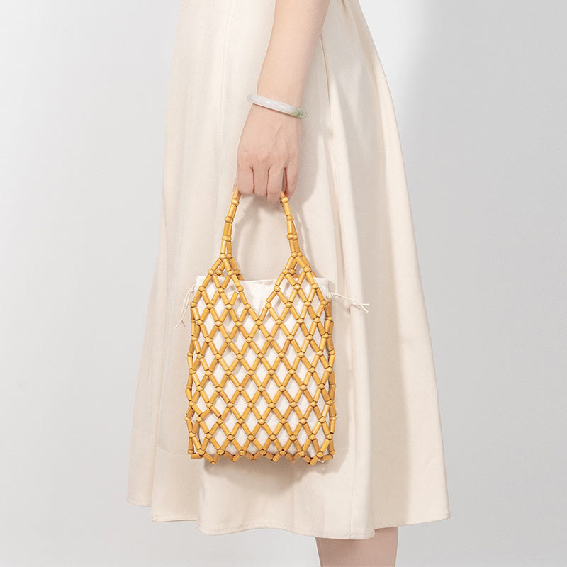 Bolso de mano de cuentas de madera huecas tejidas a mano con mallas de piedra de Buda