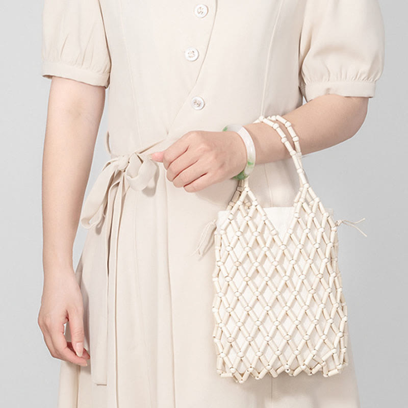 Bolso de mano de cuentas de madera huecas tejidas a mano con mallas de piedra de Buda
