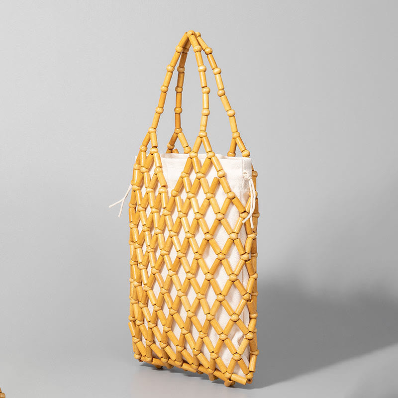 Bolso de mano de cuentas de madera huecas tejidas a mano con mallas de piedra de Buda