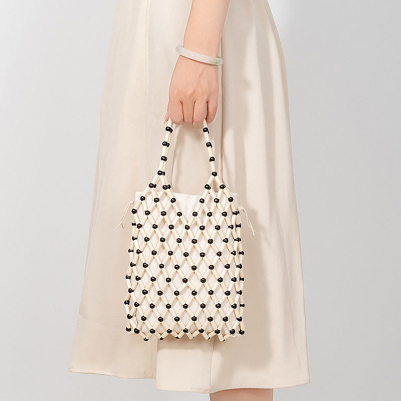 Bolso de mano de cuentas de madera huecas tejidas a mano con mallas de piedra de Buda