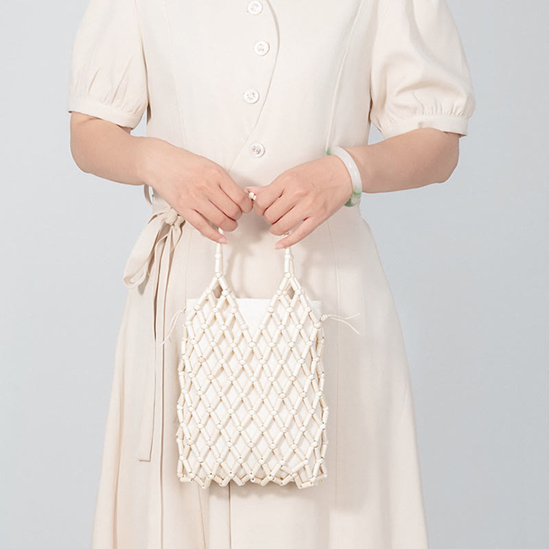 Bolso de mano de cuentas de madera huecas tejidas a mano con mallas de piedra de Buda