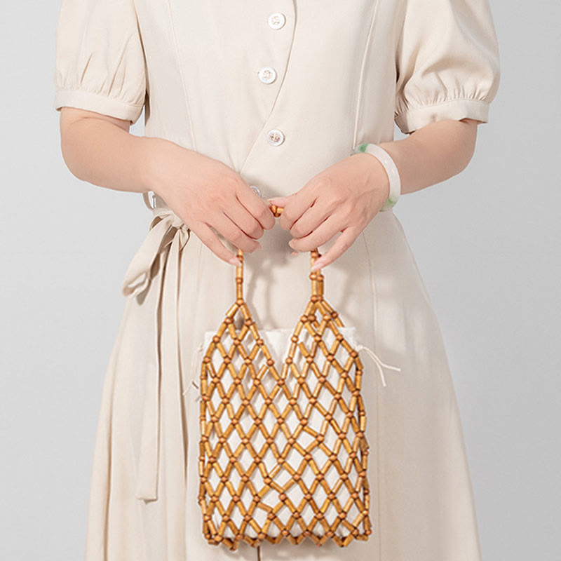 Bolso de mano de cuentas de madera huecas tejidas a mano con mallas de piedra de Buda