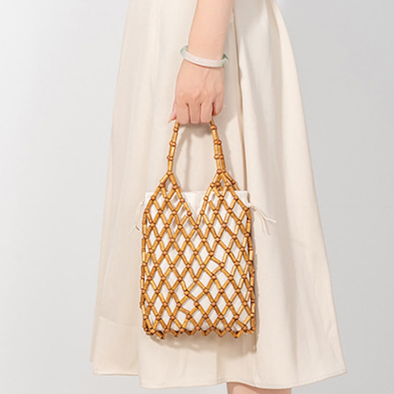Bolso de mano de cuentas de madera huecas tejidas a mano con mallas de piedra de Buda