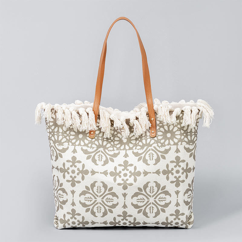 Bolso de hombro de lona con borlas y estampado geométrico boho de gran capacidad Buddha Stones