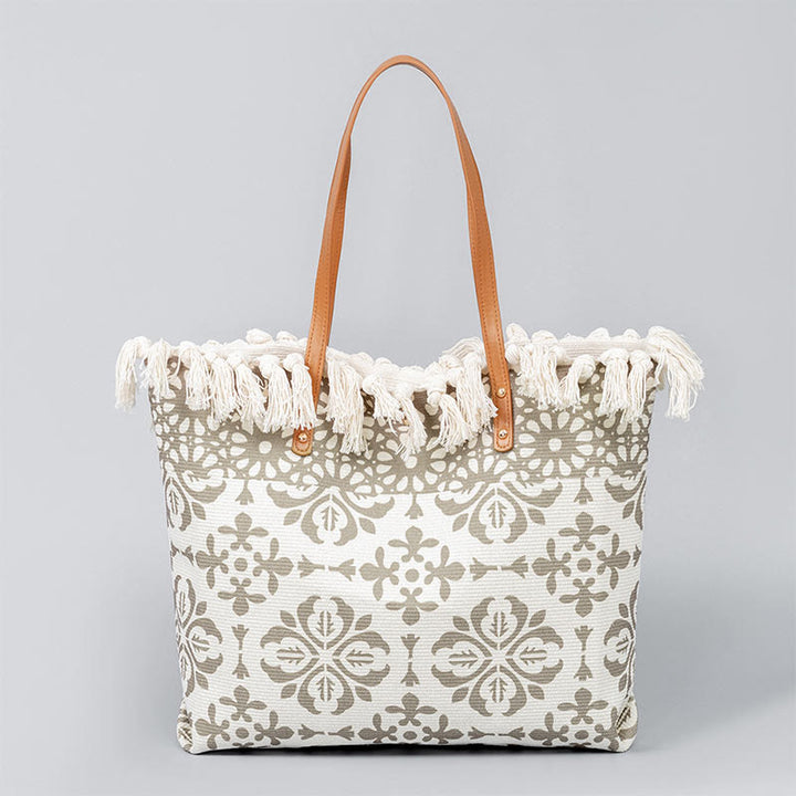 Bolso de hombro de lona con borlas y estampado geométrico boho de gran capacidad Buddha Stones