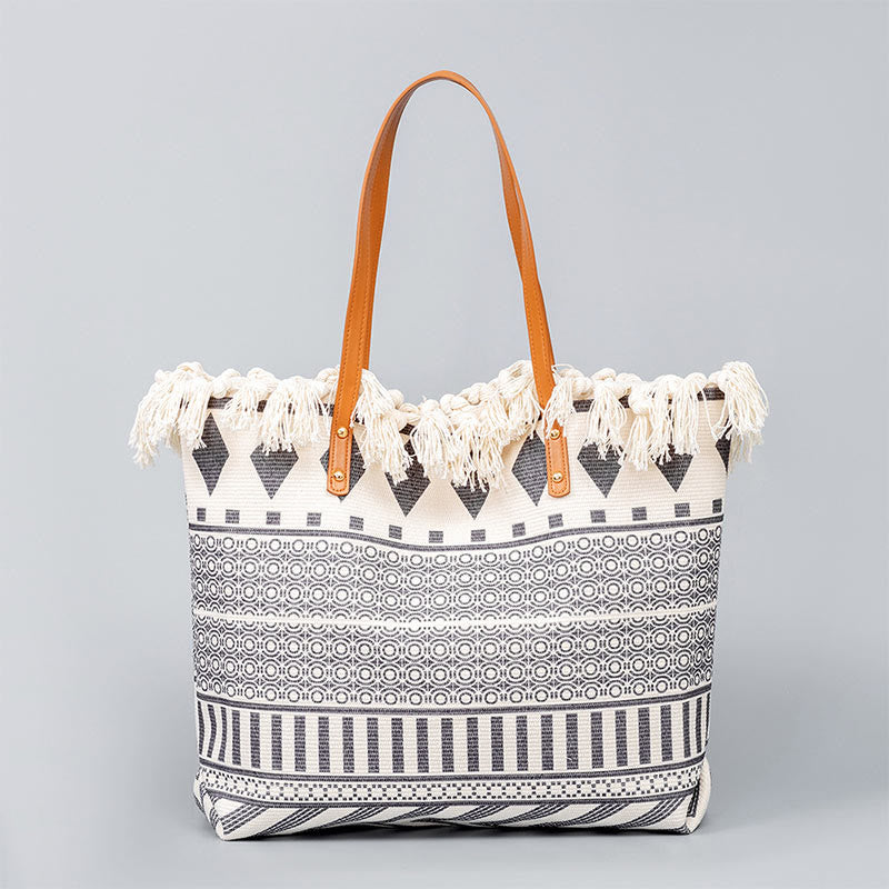 Bolso de hombro de lona con borlas y estampado geométrico boho de gran capacidad Buddha Stones