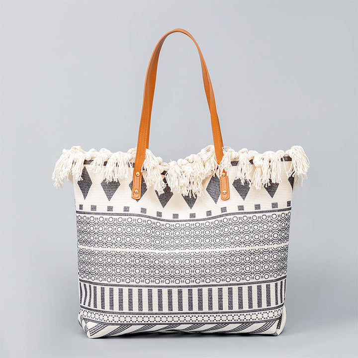 Bolso de hombro de lona con borlas y estampado geométrico boho de gran capacidad Buddha Stones