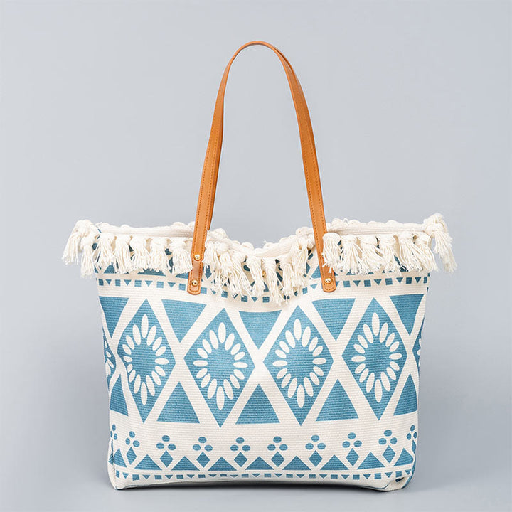 Bolso de hombro de lona con borlas y estampado geométrico boho de gran capacidad Buddha Stones
