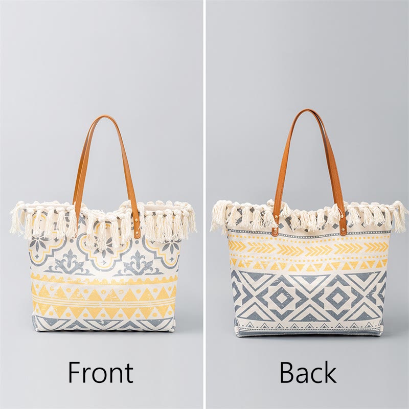 Bolso de hombro de lona con borlas y estampado geométrico boho de gran capacidad Buddha Stones