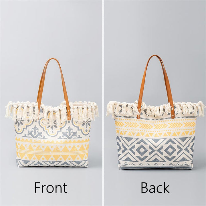 Bolso de hombro de lona con borlas y estampado geométrico boho de gran capacidad Buddha Stones