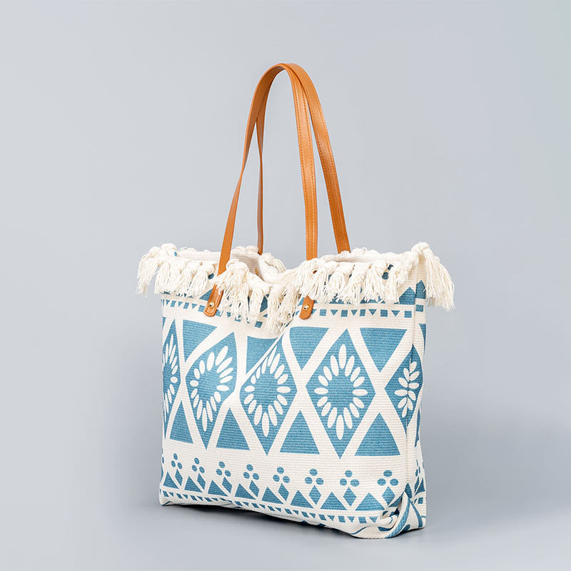Bolso de hombro de lona con borlas y estampado geométrico boho de gran capacidad Buddha Stones
