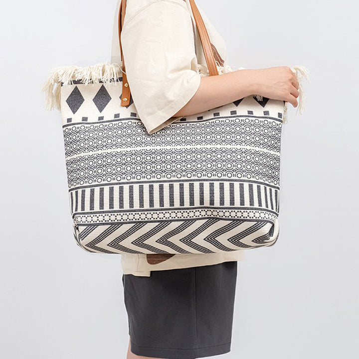 Bolso de hombro de lona con borlas y estampado geométrico boho de gran capacidad Buddha Stones