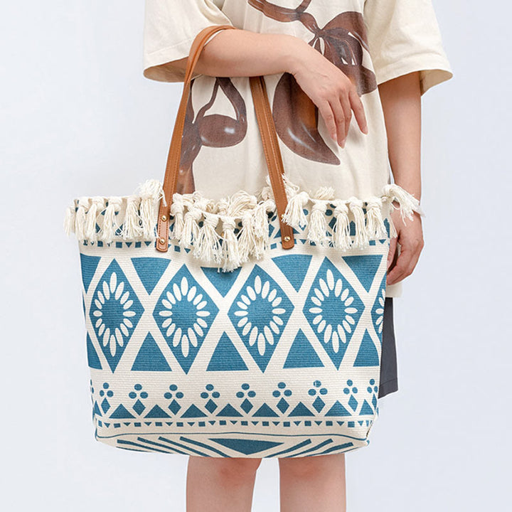 Bolso de hombro de lona con borlas y estampado geométrico boho de gran capacidad Buddha Stones