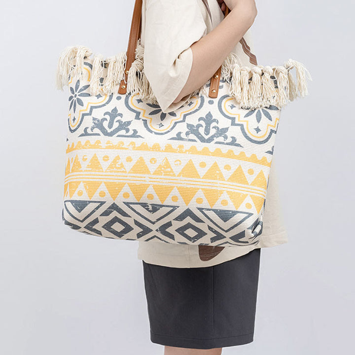 Bolso de hombro de lona con borlas y estampado geométrico boho de gran capacidad Buddha Stones
