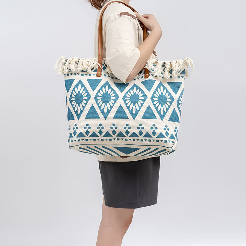 Bolso de hombro de lona con borlas y estampado geométrico boho de gran capacidad Buddha Stones